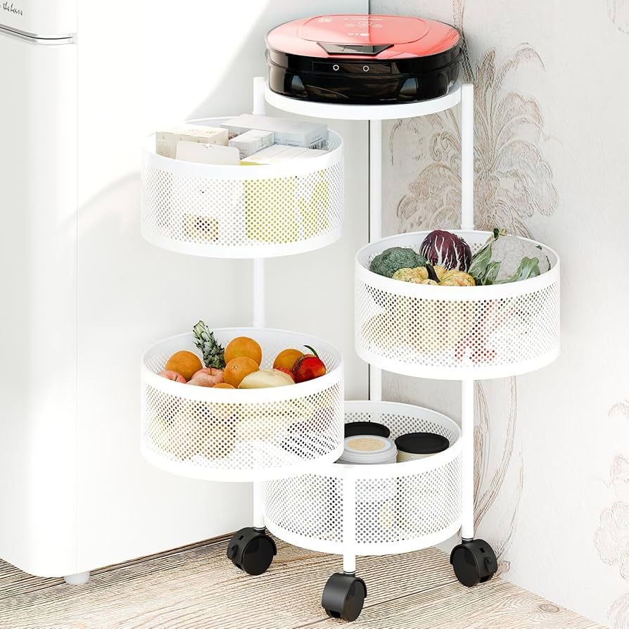 Rotating Storage Rack for Kitchen, 4Tier Circular Rotating Storage Shelf Kitchen Storage Cart, Fruit Metal Wire Basket Shelf for Kitchen,Living,R