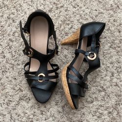 Black Strapped Cork Heels 