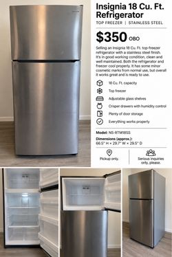Insignia 18 Cu. Ft. Refrigerator TOP FREEZER | STAINLESS STEEL
