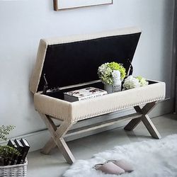 Beige Upholstered Storage Bench 