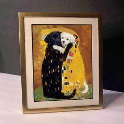 Klimt-Inspired “The Kiss” Black Lab & White Dog Framed Print 8”x10”