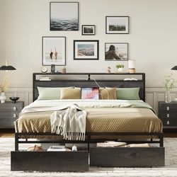 California King Bed Frame with Storage Headboard, Platform Bed with Drawers and Charging Station, No Box Spring Needed, Easy Assembly, Charcoal Grey