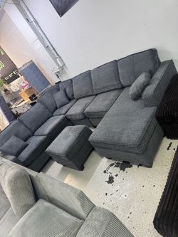 Sectional - Dark Grey Fabric - 116" L Shape Sectional + Ottoman - Flexible Chaise Left or Right