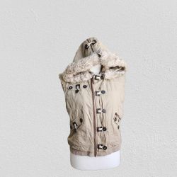 RARE Frederick's of Hollywood Tan Faux-Fur Cargo Zip Hoodie Vest w/Lace-Up Corset Back