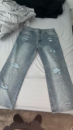 Baggy Rhinestone Studded Distressed Denim Jeans