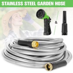 TVKB Metal Garden Hose 100ft Stainless Steel Water Hose Super Tough Flexible Water Pipe with 3/4 inch Brass Fittings and Sprayer Nozzle, Kink & Tangle