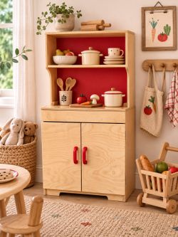 Lakeshore Play Kitchen Hutch Wood Maple Cabinet Pretend Toddler Kids Preschool Montessori Waldorf