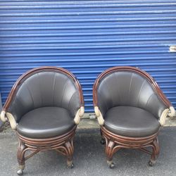 Vintage Pair Of Black Leather Chairs With Bamboo Frame/legs and Wheels