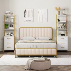 2pcs White Gold 4-Tier Bookshelf, Tall Bookcase with 3 Wooden Drawers, Modern Ladder Book Shlef Storage Organizer for Living Room, Entryway, Office