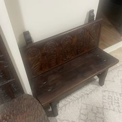 Antique furniture, high chairs, and bench