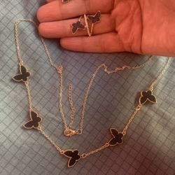 Beautiful Black Butterflies With Gold Necklace , Small Earrings And Ring. 