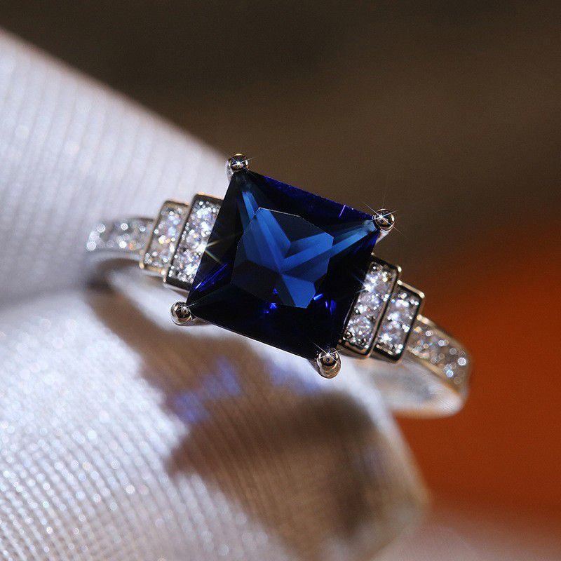 "Square Shape Blue Stone Dainty Ring for Women, F006
