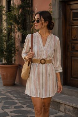 Pink Striped Long Sleeve Dress with Belt Detail