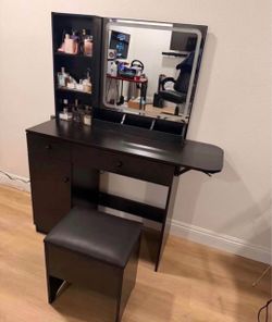 Black Vanity Desk with Lighted Mirror and Stool