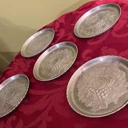 Set Of Five Vintage Forged Aluminum Coasters With Fruit Design