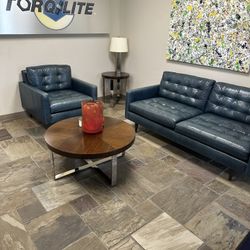 Blue Leather Sofa And Armchair, Set Plus Coffee Table - Excellent Condition