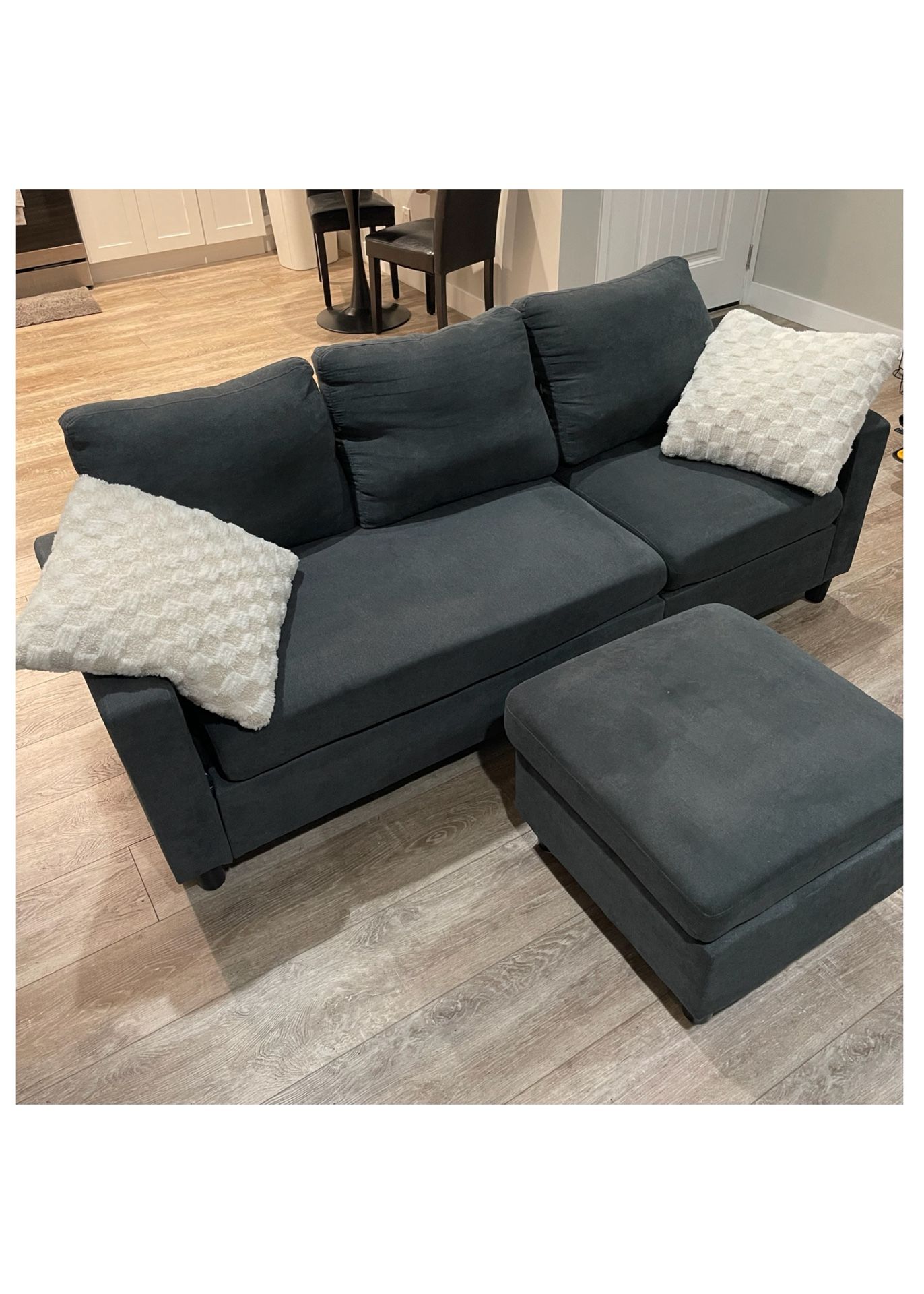 Gray Couch With Ottoman and 2 Throw Pillows