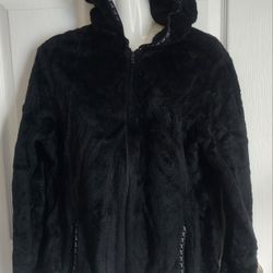 KERRITS Women’s Faux Fur Jacket Hoddie Full Zip Front Black Sz L (Small) 