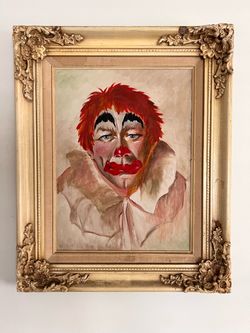 Vintage Clown Portrait Oil Painting in Gilt Frame
