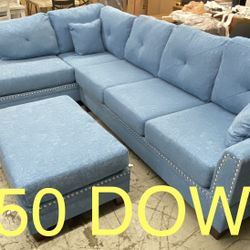 (Finance and Delivery) Blue Sectional w / Ottoman