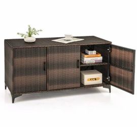84 Gallon Patio Rattan Wicker Storage Organizer Cabinet Box w/Removable Shelves