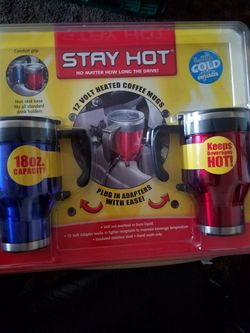 2 Hot/cold mugs with cigarette lighter adapter keeps coffee, tea, or other drinks hot or cold for short or long periods of time,fits in cupholder