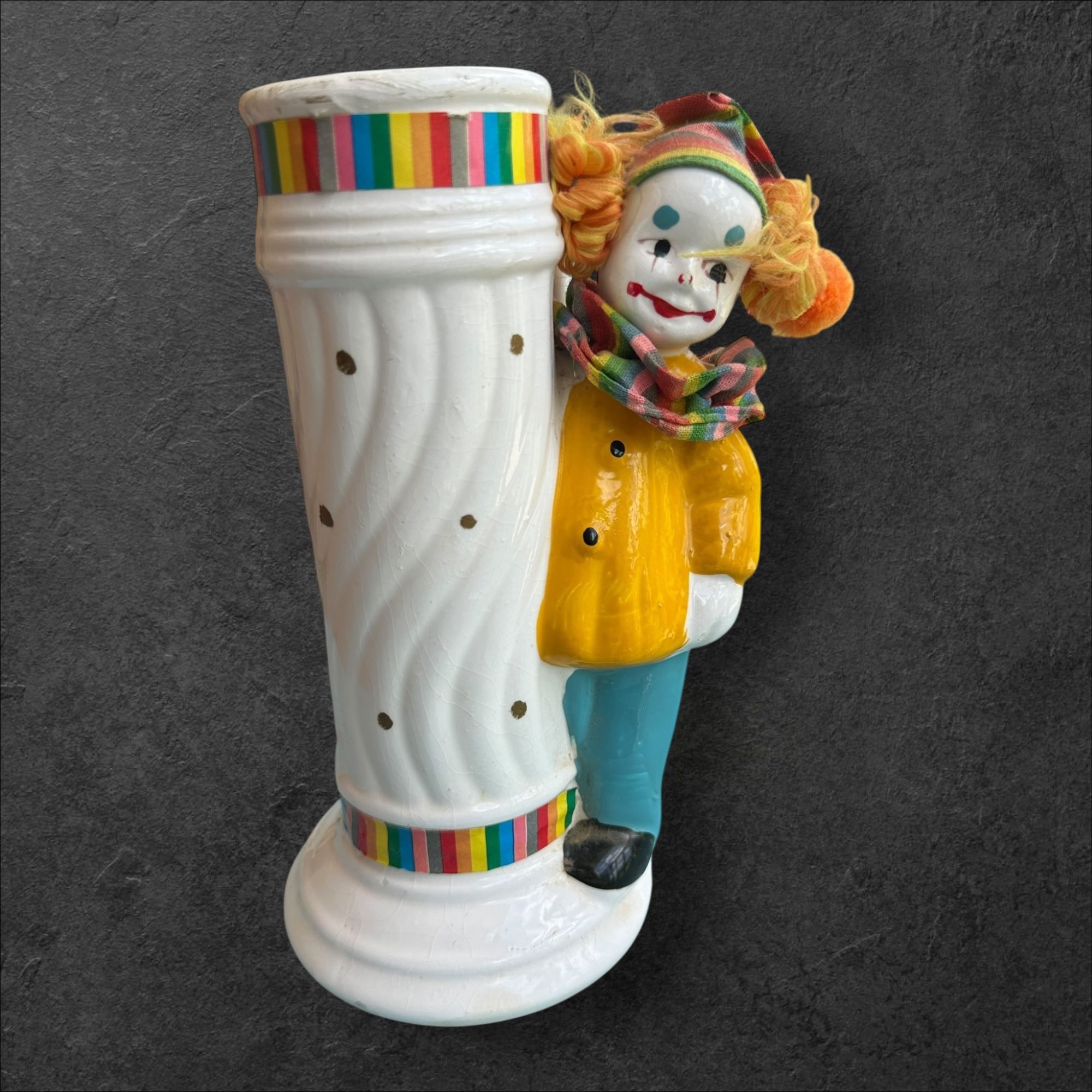 Vintage Clown Vase Ceramic Holding Circus Pole Rainbow Hat Porcelain 7" Tall