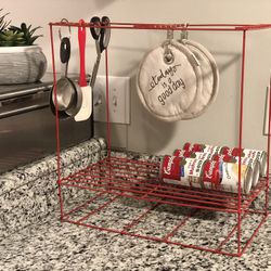 Beautiful & Unique Red Metal Can Organizer Kitchen Storage Rack, Like New