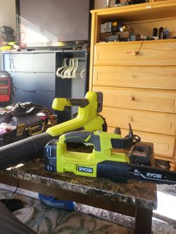 Right Ryobi 18 volt blower and chainsaw