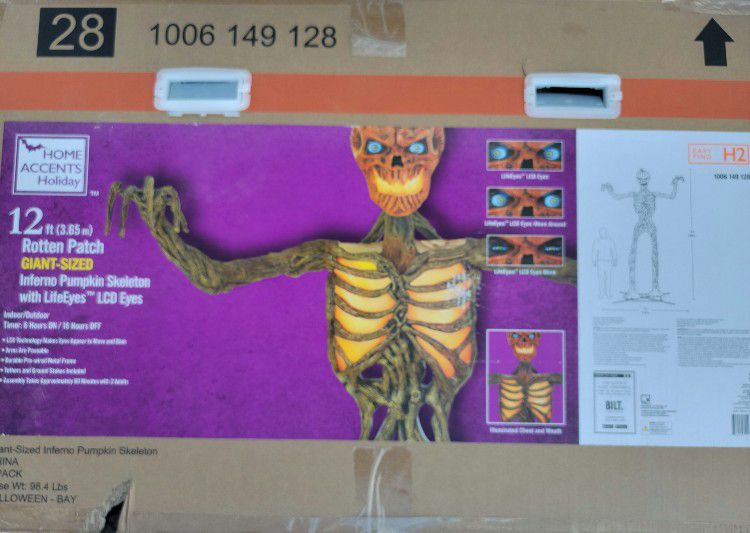 12 FT Foot ROTTEN PATCH  INFERNO PUMPKING Skeleton W/ Animated LifeEyes LCD Halloween Prop Home Depot - NEW‼️