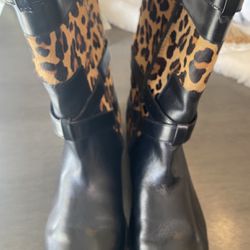 Antonio Melani  Black Leather Boots Leopard Calf hair Combat Moto