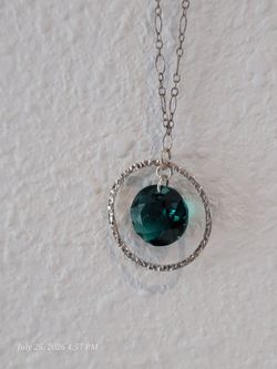 Sterling Silver Necklace with Emerald Green Crystal Stone