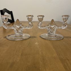 Vintage  Martinsville Glass double-arm candle holders featuring the "Teardrop" pattern