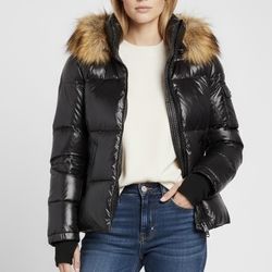 S13 Gloss Faux Fur Trimmed Allie Puffer Jacket Black XS NWT