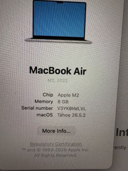2022 MacBook Air M2  256GB 8GB RAM