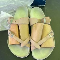 Birkenstock Leather Cross Strap Cork Footbed Sandals Womens Tan Made In Germany w Box