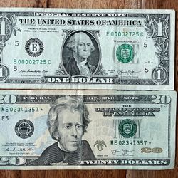 2013  $20 FRN ‘Richmond’ STAR Note.$1 FRN Low Serial Number 
