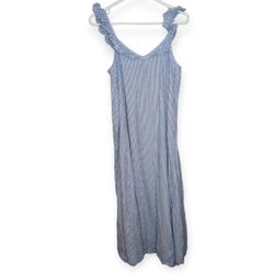 ONLY Blue Denim Maxi Blue White Stripped V Neck Sleeveless Ruffle Dress Small