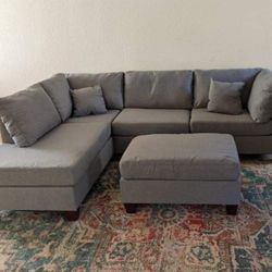 Brand New Grey Linen Sectional Sofa +Ottoman (New In Box) 