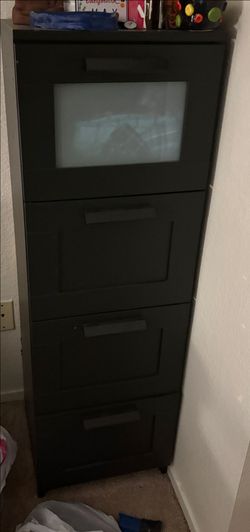 Dark Brown Tall Dresser with Frosted Glass Panel