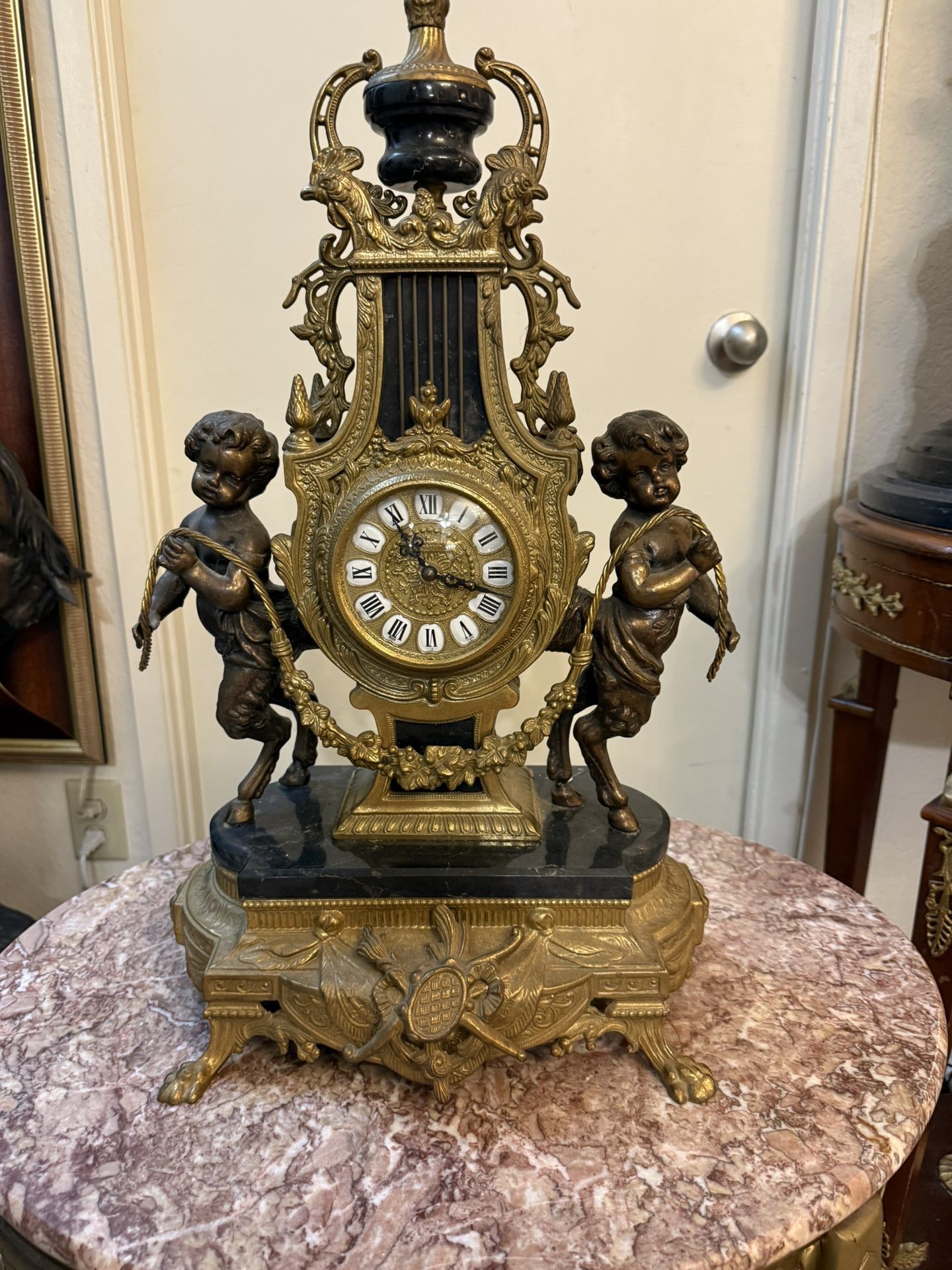 French Rococo Style Figural Mantel Clock . Italy Late 20 Century