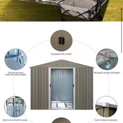 Gray Metal Outdoor Storage Shed with Window and Double Sliding Doors