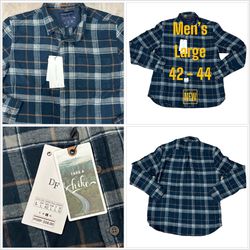 Men's Denim & Flower Large Flannel Shirt Plaid Buffalo Teal Pocket Long Sleeve NWT