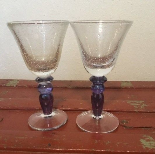 SET of 2 Heavy Artisan Seeded Bubble Glass Goblets Lavender Stems Water Wine 7 1/4"