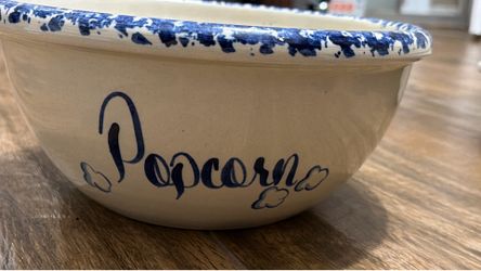 LARGE BLUE SPONGEWARE POTTERY “POPCORN” & “THAT'S ALL FOLKS 11" - MARSHALL POTTERY
