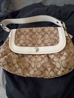 Authentic coach signature hobo shoulder bag f13739 khaki brown/ with white leather trim
