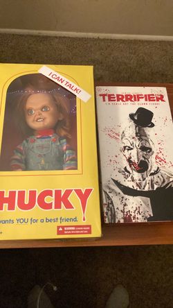 Talking chucky mini doll and 1:6 terrifier figure and 2 mini figures