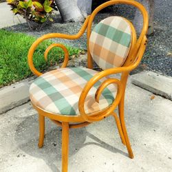 Vintage Thonet Style Bentwood Accent Side Chair Made In Romania And Accented With Bright Plaid Upholstery. 