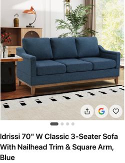 Idrissi 70" W Classic 3-Seater Sofa With Nailhead Trim & Square Arm, Blue