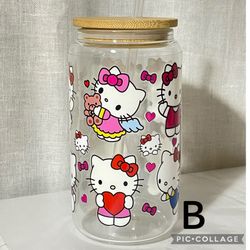 Hello Kitty Glass Cups 16 oz Iced Coffee, Hello Kitty Tumbler. Collector cup Glass with Lid and Straw.Bridesmaid Gift 16oz Glass Cup for Mom, Bridesma